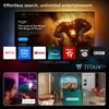 A collage of marketing images showcasing a TV with various streaming apps and smart home integration features. Voir les images du produit