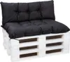A black cushion set for a pallet sofa, placed on a white wooden pallet base, against a white background. Produktbild-Vorschau