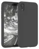 A dark gray silicone phone case is shown in a studio shot, with the phone screen displaying a black and white landscape image. Produktbild-Vorschau