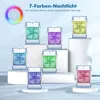 Multiple portable air coolers are displayed on white pedestals against a light blue background, showcasing different colored lights. Produktbild-Vorschau