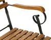 Close-up of the armrest and seat of a wooden and metal bench. Produktbild-Vorschau
