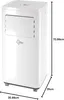 A white portable air conditioner with dimensions indicated by black lines and text. Produktbild-Vorschau