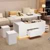A modern living room scene featuring a white coffee table with storage and lift-top, accompanied by two white stools, placed in front of a beige sectional sofa. Náhled obrázku produktu