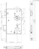 Technical drawing of a door lock with dimensions and specifications. Podgląd zdjęcia produktu