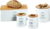 A set of kitchen canisters and a bread box with a loaf of bread on top. Produktbild-Vorschau