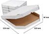 A stack of white pizza boxes with one box open, showing its brown interior. Dimensions are indicated. Náhľad obrázku produktu