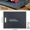 A dark gray cutting board with a granite-like texture is shown, with text highlighting its features and dimensions. The top part of the image shows a close-up of the cutting board with some red onion on it, and the bottom part shows the full cutting board  Anteprima dell’immagine prodotto