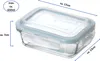 A glass food storage container with a blue lid, shown from a diagonal angle. Dimensions and capacity are indicated with text overlays. Produktbild-Vorschau