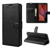 A collage of images showing a black leather flip case for a smartphone, including the case closed, open with the phone inside, and standing up. Produktbild-Vorschau