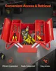 A red metal toolbox filled with various tools, set against a dark background with marketing text and icons at the bottom. Podgląd zdjęcia produktu