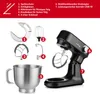 A black stand mixer with various attachments laid out around it, with numbered labels pointing to different parts and accessories. Produktbild-Vorschau