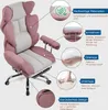 A pink and gray ergonomic office chair with various features highlighted by callouts and text. Produktbild-Vorschau