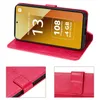 A collage of images showing a red flip case for a Xiaomi Redmi Note 13 5G phone, with close-ups of the case details. Produktbild-Vorschau