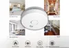 A collage showing a smoke detector surrounded by images of different rooms in a house where it could be installed, along with icons representing its features. Produktbild-Vorschau