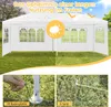 A white party tent is shown in a garden setting, with graphics indicating protection from rain and sun. Two close-up insets show how to secure the tent with stakes and ropes. Podgląd zdjęcia produktu