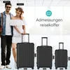 A couple stands next to three suitcases of different sizes, with measurements indicated. Produktbild-Vorschau