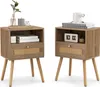 Two identical wooden nightstands with rattan drawer fronts are displayed against a white background. Podgląd zdjęcia produktu