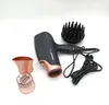 A black Panasonic hair dryer with rose gold accents and accessories, including a diffuser and two nozzle attachments, is displayed on a white background. Podgląd zdjęcia produktu