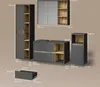 A collage of different furniture pieces from a bathroom set, with dimensions indicated. Voir les images du produit