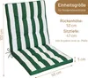 A striped green and white chair cushion with dimensions and specifications overlaid. Produktbild-Vorschau