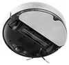 The underside of a white robot vacuum cleaner is shown, highlighting its brushes, wheels, and mopping pad. Voir les images du produit