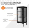 A black display cabinet with fluted glass doors and shelves, shown with callouts describing its materials and included mounting hardware. Náhľad obrázku produktu