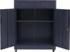 An open dark gray metal cabinet with two drawers on top and two shelves inside, shown from the front. Produktbild-Vorschau