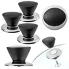 A collection of pot lid knobs, some attached to lids, displayed on a white background. Produktbild-Vorschau