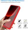 A hand holding a red phone case with a red phone inside, against a white background. Feature icons are displayed on the right. Produktbild-Vorschau