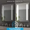 A split image showing a bathroom mirror with lights on and off, with faucets and a sink in the foreground. Náhled obrázku produktu