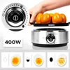 A collage of images showing an egg cooker and its features, including different cooking stages of eggs and specifications. Produktbild-Vorschau