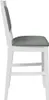 Side view of a white bar stool with a gray upholstered seat and back. Podgląd zdjęcia produktu