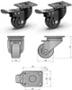 A collage of images showing different views and dimensions of black caster wheels. Voir les images du produit