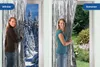 Split image showing a woman opening a reflective curtain in winter and summer settings. Náhled obrázku produktu