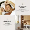 A collage of four images related to a pillow product, featuring a woman wearing an eye mask, text about allergy suitability and care instructions, and a laundry room scene. Produktbild-Vorschau