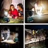 Collage of four images showing a portable LED work light being used in different scenarios: camping, welding, woodworking, and fishing. Produktbild-Vorschau