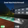 Split image showing a swimming pool area at night with lights on (left) and a house at night with lights on (right). Produktbild-Vorschau