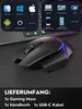 A black gaming mouse with RGB lighting is shown on a textured surface, with icons representing compatible operating systems and devices displayed above it. Produktbild-Vorschau