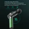 A transparent cutaway view of a massage gun showing its internal components, particularly the battery, against a dark green background with text overlays. Produktbild-Vorschau