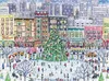A bustling city street scene during winter, with people ice skating in a park and buildings decorated for Christmas. Anteprima dell’immagine prodotto