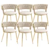 A set of six ivory velvet dining chairs with gold metal legs, arranged in two rows of three. Produktbild-Vorschau