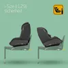Two car seats shown side-by-side on a green background, illustrating i-Size safety standards. Produktbild-Vorschau
