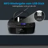 A black MEDION stereoradio with a USB stick inserted, shown with a magnified view of the USB port and its specifications. Produktbild-Vorschau