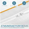 A close-up of a mattress topper fabric with informational icons and text. Produktbild-Vorschau