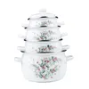 A stack of four white enamel pots with a floral eucalyptus pattern, isolated on a white background. Podgląd zdjęcia produktu