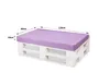 A white pallet bench with a purple cushion, with dimensions indicated. Produktbild-Vorschau