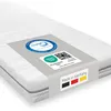 A white mattress with a grey band around it displaying certifications and country of origin. Produktbild-Vorschau