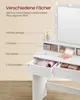 A white vanity table with a mirror and lights, showing its storage compartments. Produktbild-Vorschau