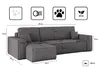 A diagram of a sectional sofa with dimensions and feature icons. Produktbild-Vorschau