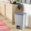 A light gray pedal trash can is placed next to a wooden cabinet in a room with a red and white striped rug. Náhled obrázku produktu